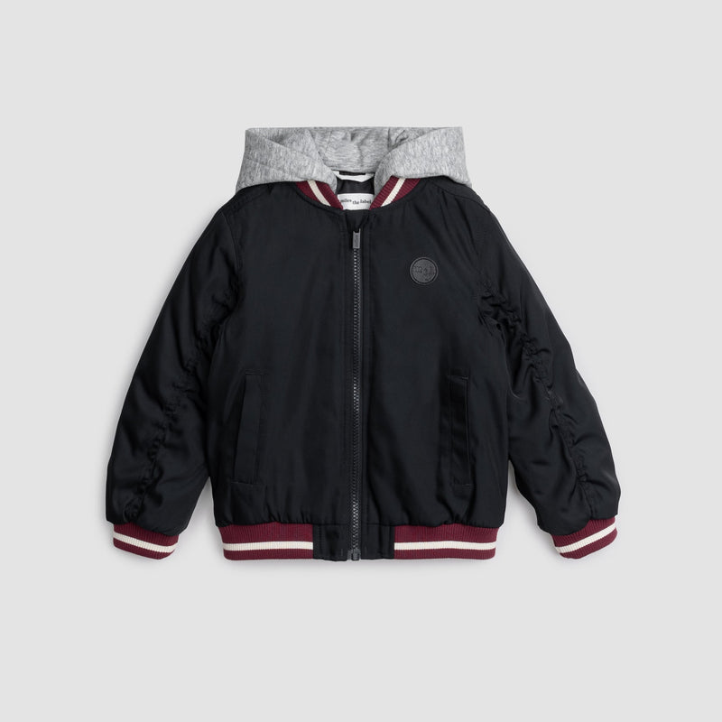 Hooded Black Satin Bomber