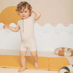Sand Striped Print Short-Sleeve Swim Romper